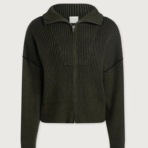 Varley Carmen Zip-Through Rib Knit Dark Olive Cropped Boxy Fit Contemporary sz S